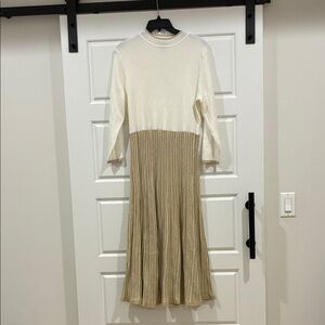 Saks Fifth Avenue Cream and Tan Colorblock Sweater Long Sleeve Dress